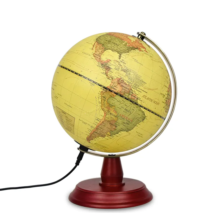 20cm (8") Illuminated Antique World Globe with Wood Base & Metal Meridian detail view 2